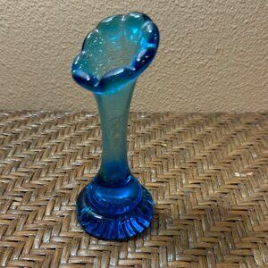 Vintage Blue Art Glass Bud Vase With Ruffled Edge 6" Tall